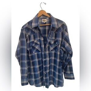 Ely Cattleman Western Shirt Men Size XL Blue Plaid  Pearl Snap Long Sleeve‎